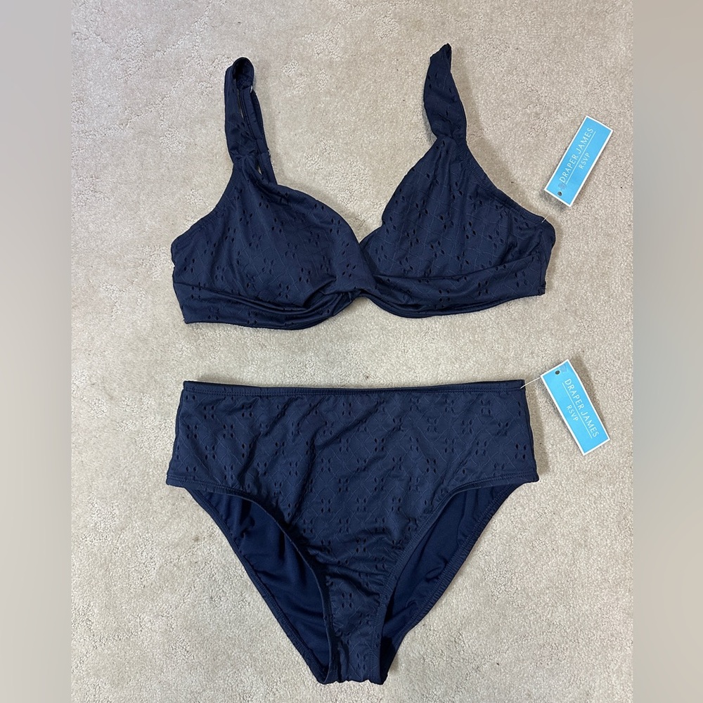 NWT Draper James Women’s Navy Eyelet Bikini Swim Suit Bathing Large Summer